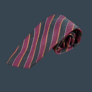 Vintage Mens Striped Tie By Regal Collection - Maroon & Gray With Yellow Accents